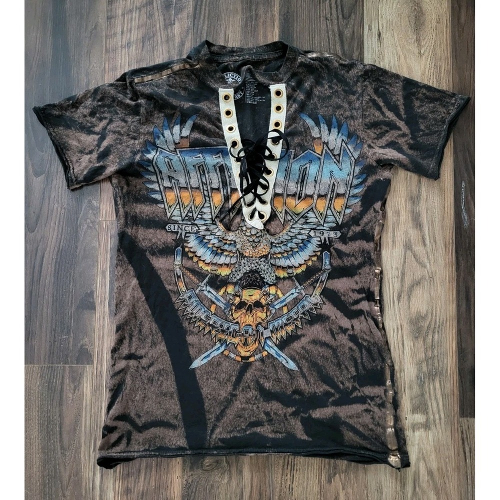 Womens Affliction Lace Up Eagle Skull Grunge Streetwear T Shirt XS